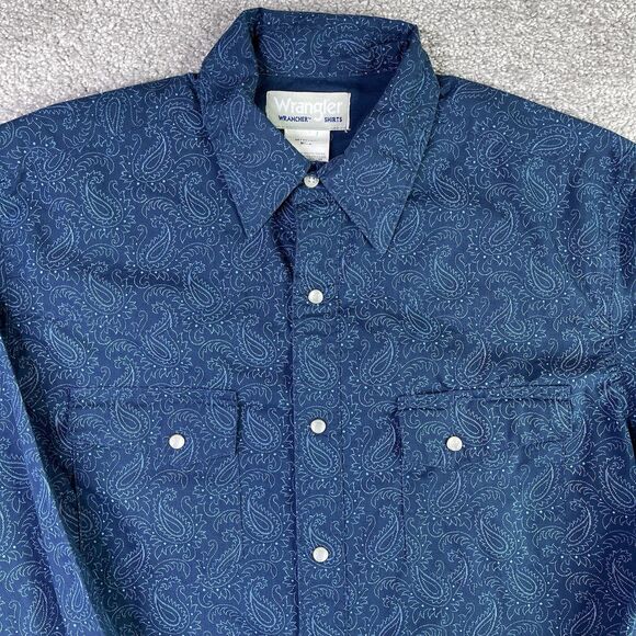 Wrangler Wrancher Shirt Men’s Medium Blue Paisley Pearl Snap Western Cowboy - Picture 2 of 10